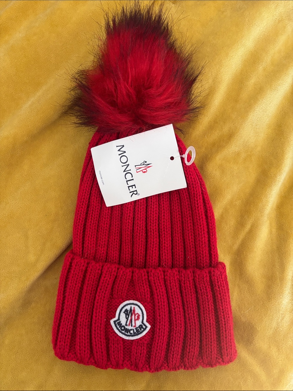 Moncler Ribbed Knit Beanie with Fox Fur Pom-Pom Red Pom Hat